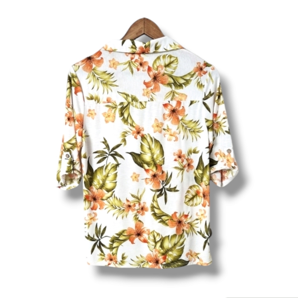 NAIF Tropical Floral Print Roll-Tab Tie Front Casual Top - Picture 7 of 8